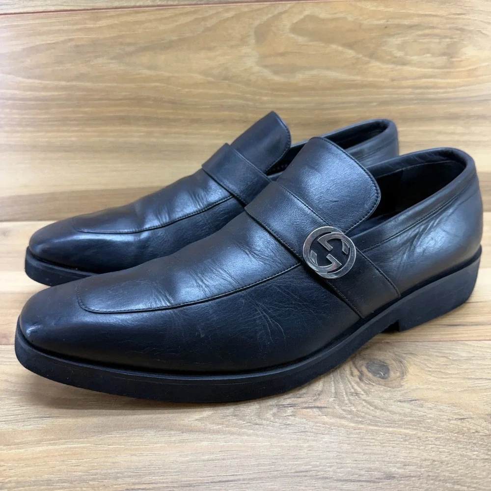 GUCCI Broadwick GG Medallion Mens 10.5 D Black Leather Square Toe Dress Formal
